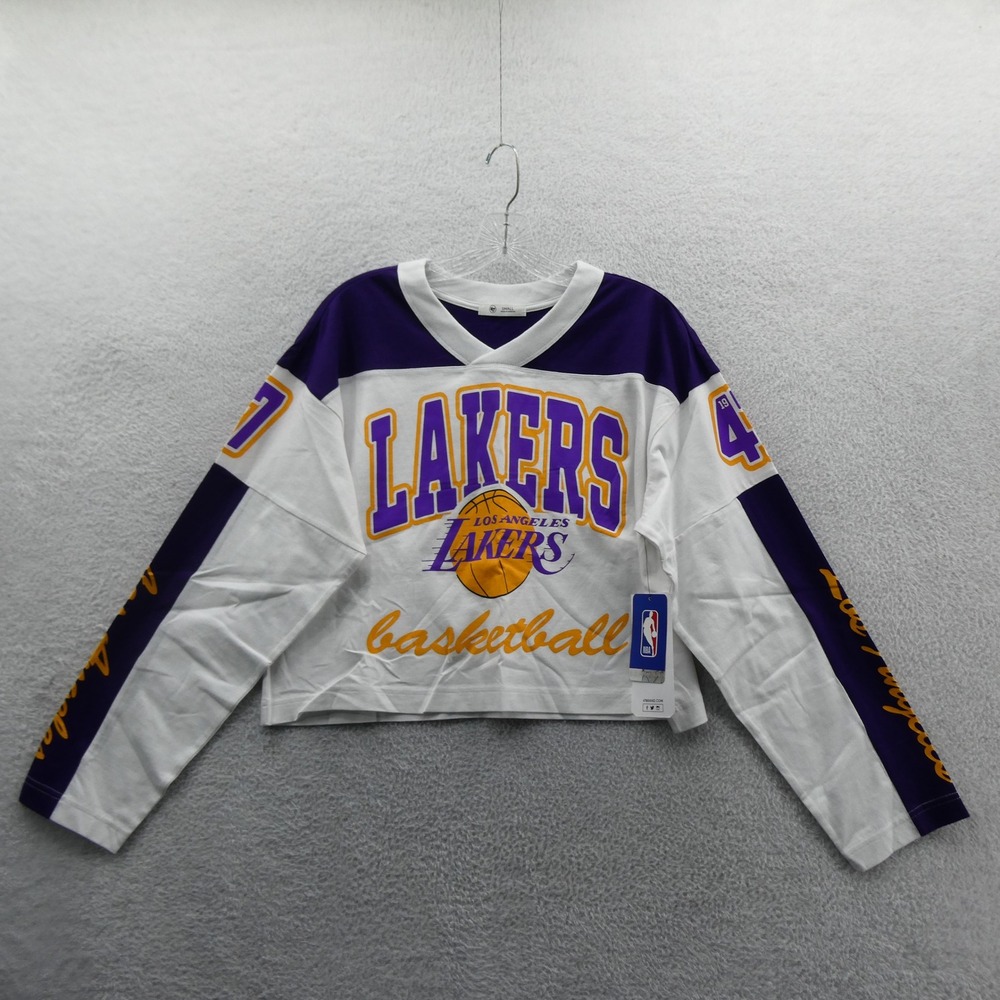 47 Brand Shirt Womens Small Los Angeles Lakers White Purple Cropped Long Sleeve